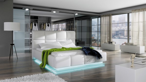 Designer Doppelbett &quot;Anzio&quot; Bett Polsterbett mit Bettkasten + Lattenrost + LED ! Grösse fr